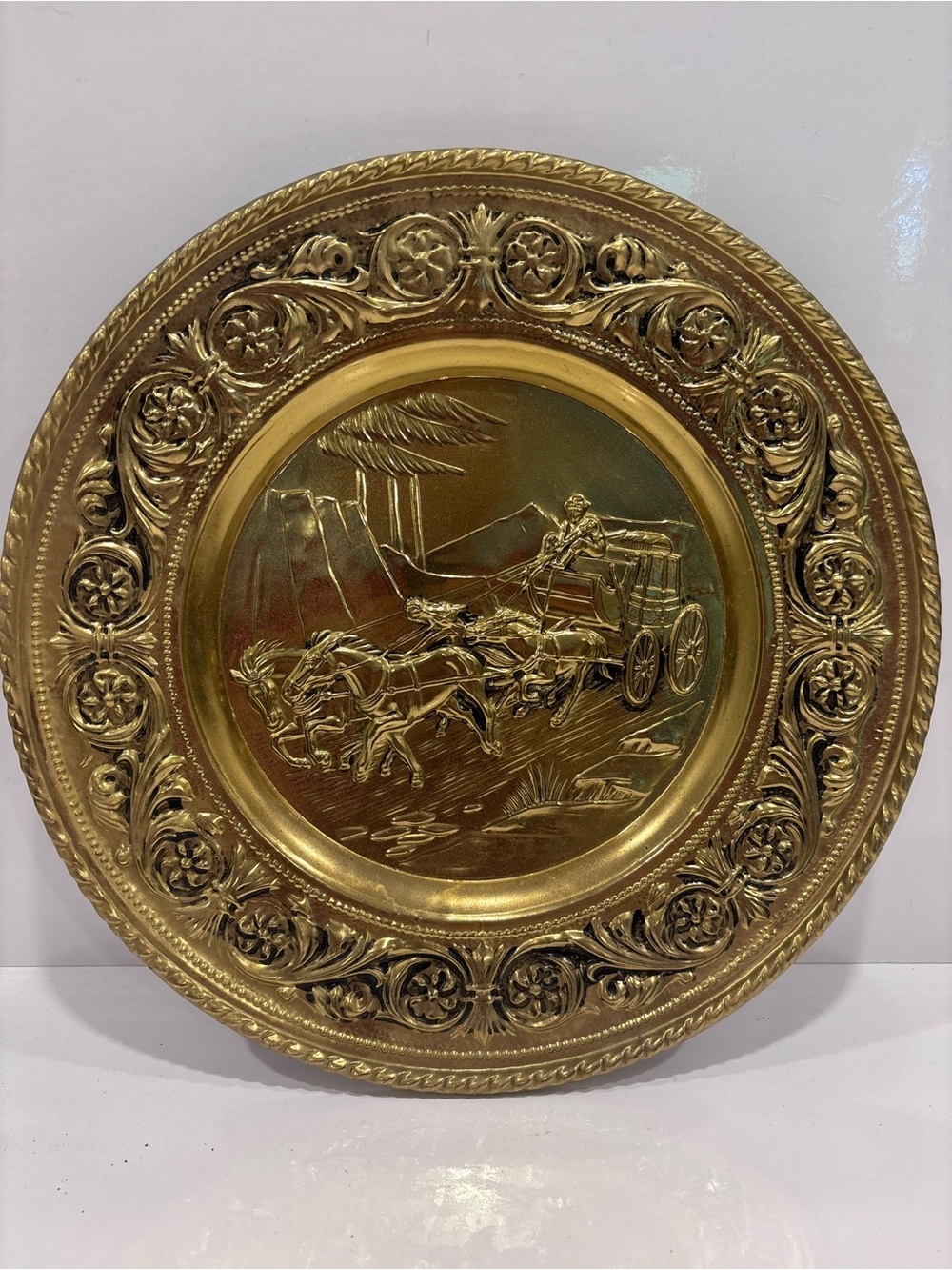 Vintage Embossed Brass-Tone Stagecoach Wall Plaque / Decorative Charger